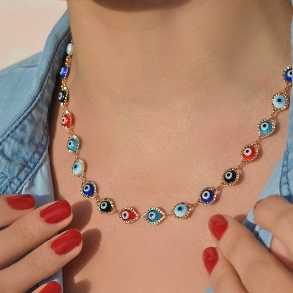 Blue Evil Eye Necklace 14k Gold Plated Chain - Picture 5 of 10